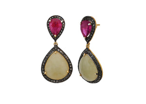 Pave Diamond Ruby and Yellow Saphire Pear Drop Earrings, (DER-096)