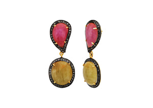 Pave Diamond Ruby and Yellow Saphire Drop Earrings, (DER-097)