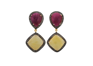 Pave Diamond Ruby and Yellow Saphire Square Drop Earrings, (DER-098)