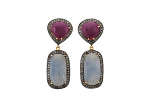 Pave Diamond Ruby and Saphire Rectangle Drop Earrings, (DER-099)