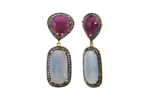 Pave Diamond Ruby and Saphire Rectangle Drop Earrings, (DER-099)