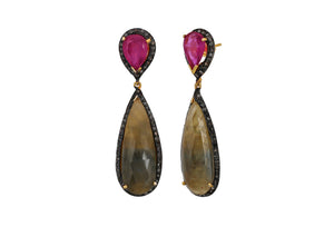 Pave Diamond Ruby and Saphire Tear Drop Earrings, (DER-100)
