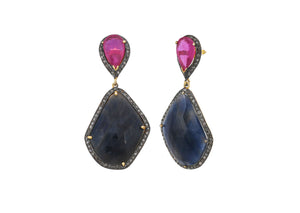 Pave Diamond Ruby and Fancy Saphire Drop Earrings, (DER-104)
