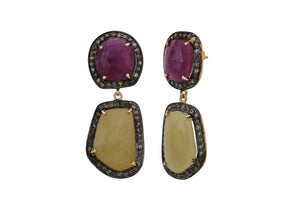 Pave Diamond Medium Ruby and Fancy Saphire Drop Earrings, (DER-105)