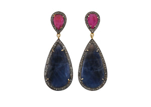 Pave Diamond Ruby Saphire long Pear Drop Earrings, (DER-107)