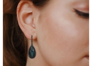 Pave Diamond Labradorite Pear Drop Dangle Earrings, (DER-066)