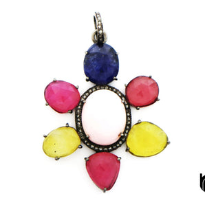 Pave Diamond Pink Opal and Multi Gemstones  Pendant, (DOP-7041)