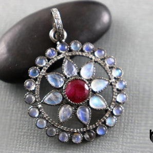 Pave Diamond Chakra w/ Ruby Rainbow Moonstone, (DP-1837)