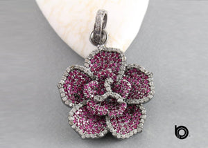 Pave Diamond Ruby Lotus Flower Pendant, (DRB-7087)