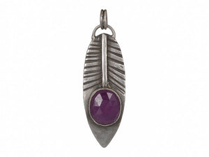 Sterling Silver feather w/ Ruby Cabochon Artisan Handcrafted Pendant, (SP-5596)