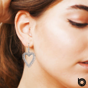 Pave Diamond Heart w/ Baguettes Dangle Earrings w/ Pave Ear Wire, (DER-1046)