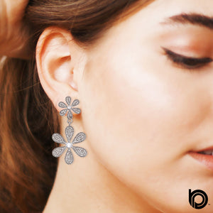 Pave Diamond Daisy Floral Dangle Earring, (DER-1106)
