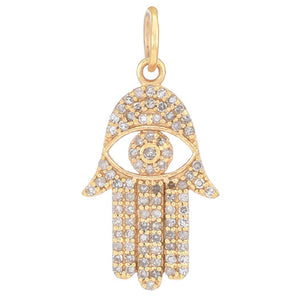 14k Solid Gold & Diamond Hamsa w/ Evil Eye Charm, (14K-DCH-828)