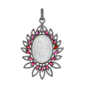 Pave Diamond Mother of Pearl Virgin Mary Pendant with Ruby, (DMP-6027)