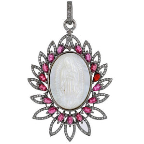 Pave Diamond Mother of Pearl Virgin Mary Pendant with Ruby, (DMP-6027)