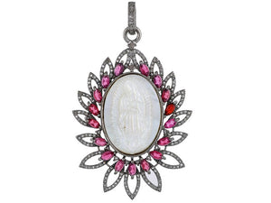 Pave Diamond Mother of Pearl Virgin Mary Pendant with Ruby, (DMP-6027)