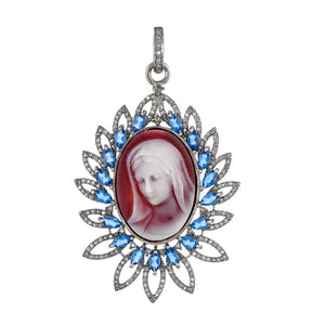 Pave Diamond and Agate Virgin Mary Pendant with Blue Sapphire, (DMP-6028)