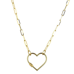 14K Solid Yellow Gold Paper Clip Finish Necklace w/ Heart Carabiner Clasp, 6x18.5 mm 14k-2.8x8(12)