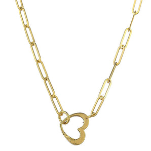 14K Solid Yellow Gold Paper Clip Finish Necklace w/Heart Lobster Carabiner Clasp, 6x18.5 mm 14k-3.5x10.5(14)