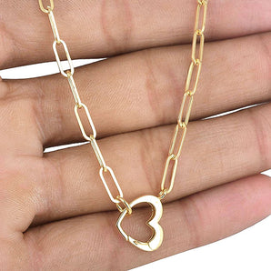 14K Solid Yellow Gold Paper Clip Finish Necklace w/Heart Lobster Carabiner Clasp, 6x18.5 mm 14k-3.5x10.5(14)