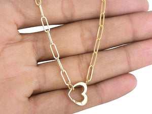 14K Solid Yellow Gold Paper Clip Finish Necklace w/Heart Lobster Carabiner Clasp, 6x18.5 mm 14k-3.5x10.5(14)