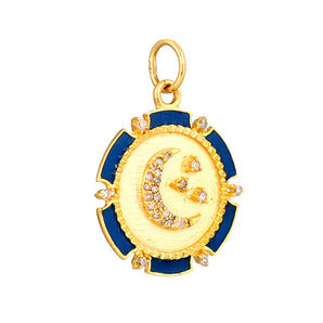 14k Solid Gold & Pave Diamond Celestial Moon & Star Enamel Pendant, (14K-DP-007)