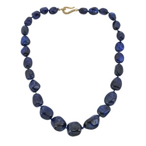 Blue Sapphire Smooth Nuggets Hand knotted w/ Sterling & Diamond Clasp, Blue Sapphire, Sapphire (SAPP-NUG-12-16)