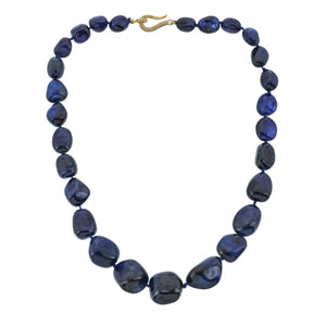 Blue Sapphire Smooth Nuggets Hand knotted w/ Sterling & Diamond Clasp, Blue Sapphire, Sapphire (SAPP-NUG-10-22)