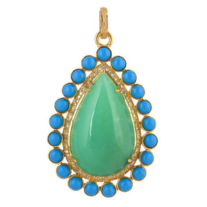 Pave Diamond & Natural Chrysoprase & Turquoise Teardrop Pendant, (DPL-2558)