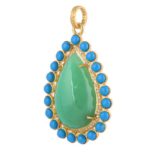 Pave Diamond & Natural Chrysoprase & Turquoise Teardrop Pendant, (DPL-2558)