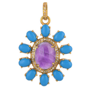 Pave Diamond & Amethyst With Turquoise Flower Pendant, (DPL-2559)