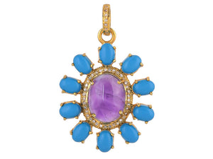 Pave Diamond & Amethyst With Turquoise Flower Pendant, (DPL-2559)