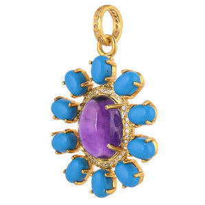 Pave Diamond & Amethyst With Turquoise Flower Pendant, (DPL-2559)