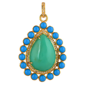 Pave Diamond & Natural Chrysoprase & Turquoise Teardrop Pendant, (DPL-2557)