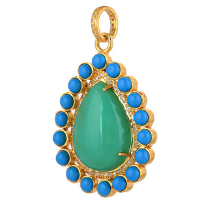 Pave Diamond & Natural Chrysoprase & Turquoise Teardrop Pendant, (DPL-2557)