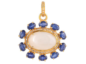 Pave Diamond & Moonstone with Sapphire Flower Pendant, (DPM-1273)