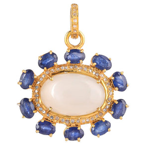 Pave Diamond & Moonstone with Sapphire Flower Pendant, (DPM-1273)