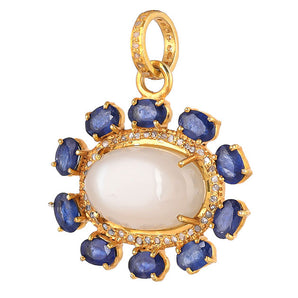 Pave Diamond & Moonstone with Sapphire Flower Pendant, (DPM-1273)