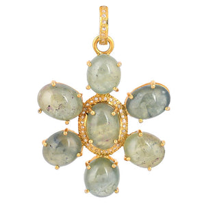 Pave Diamond & Green Sapphire Cabochons Daisy Flower Pendant, (DPL-2548)