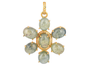 Pave Diamond & Green Sapphire Cabochons Daisy Flower Pendant, (DPL-2548)