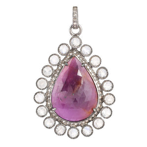 Pave Diamond, Ruby & Rainbow Moonstone Tear Drops Pendant, (DPL-2551)