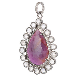 Pave Diamond, Ruby & Rainbow Moonstone Tear Drops Pendant, (DPL-2551)