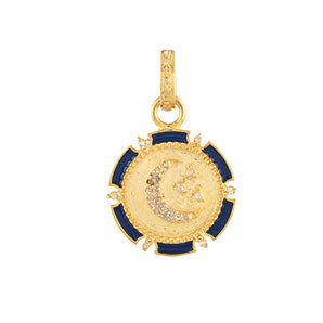 Pave Diamond Star & Moon blue Enamel Pendant, (DPM-1245)