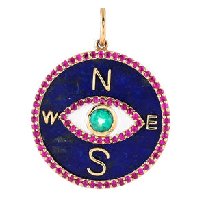 14K Solid Gold Pave Diamond & Lapis North Star Compass Pendant, (14K-DP-012)