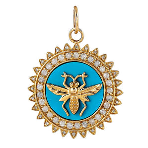 14K Solid Gold Pave Diamond & Turquoise Bee Pendant, (14K-DP-019)