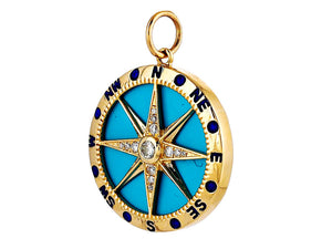 14K Solid Gold Pave Diamond & Turquoise North Star Compass Pendant, (14K-DP-020)
