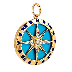 14K Solid Gold Pave Diamond & Turquoise North Star Compass Pendant, (14K-DP-020)