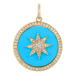 14K Solid Gold Pave Diamond & Turquoise Star Pendant, (14K-DP-011)