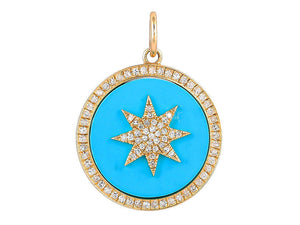 14K Solid Gold Pave Diamond & Turquoise Star Pendant, (14K-DP-011)