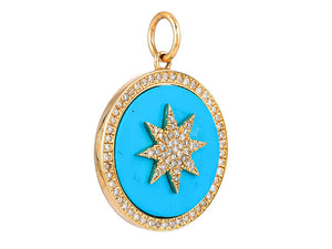 14K Solid Gold Pave Diamond & Turquoise Star Pendant, (14K-DP-011)